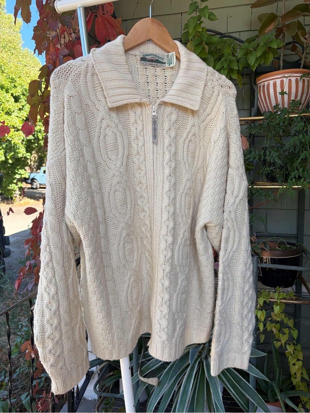 Oversized 100% Merino Wool Cream Knit Collared Cardigan Made in Ireland